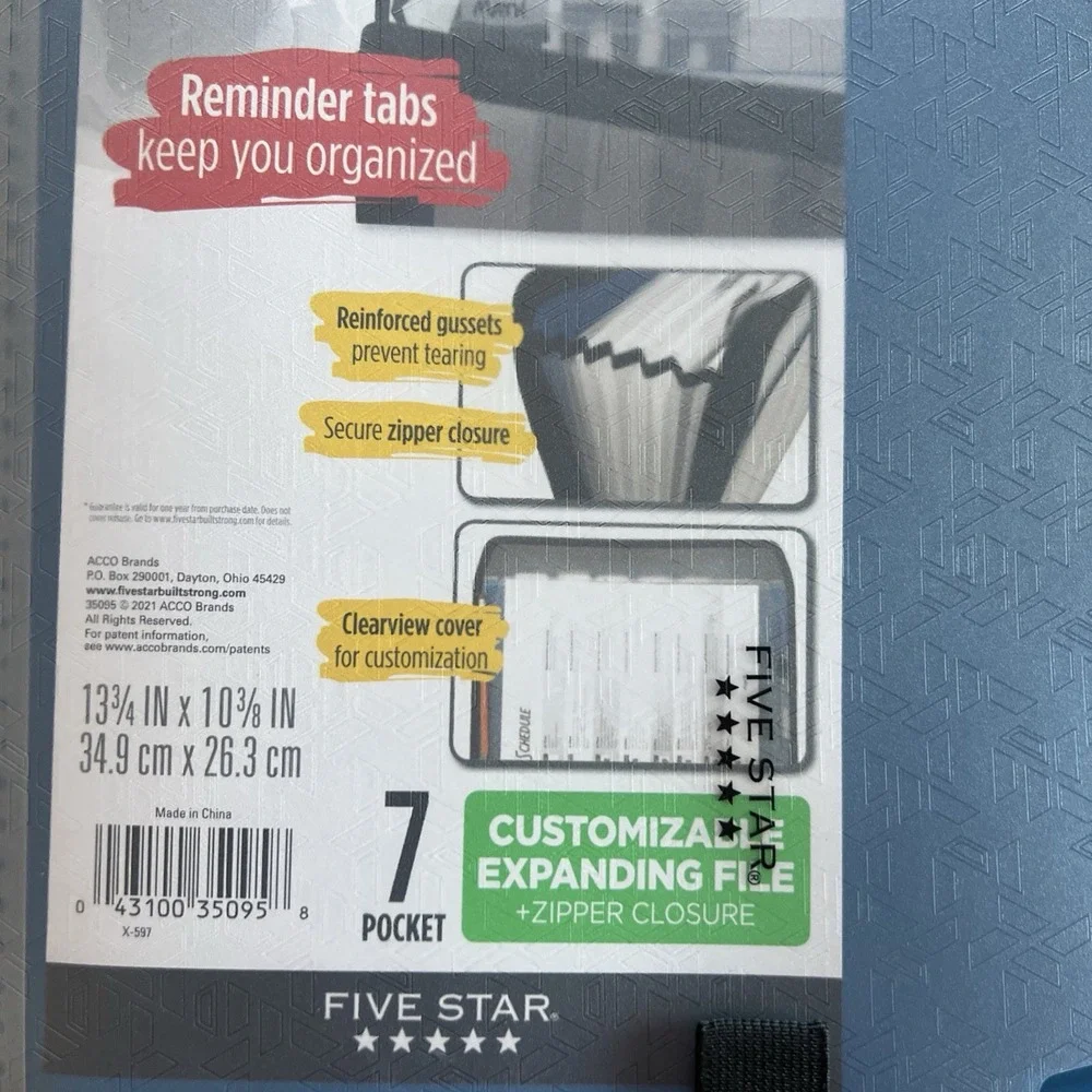Five Star Customizable Expanding File Folder Zipper Close 7-Pocket Blue
